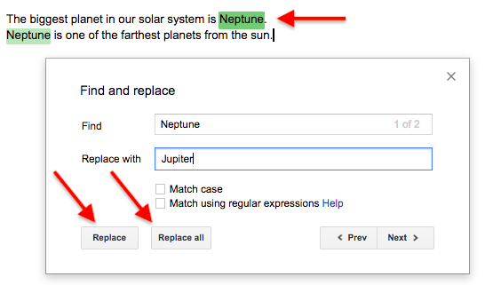 Janela Localizar e substituir em um documento do Google